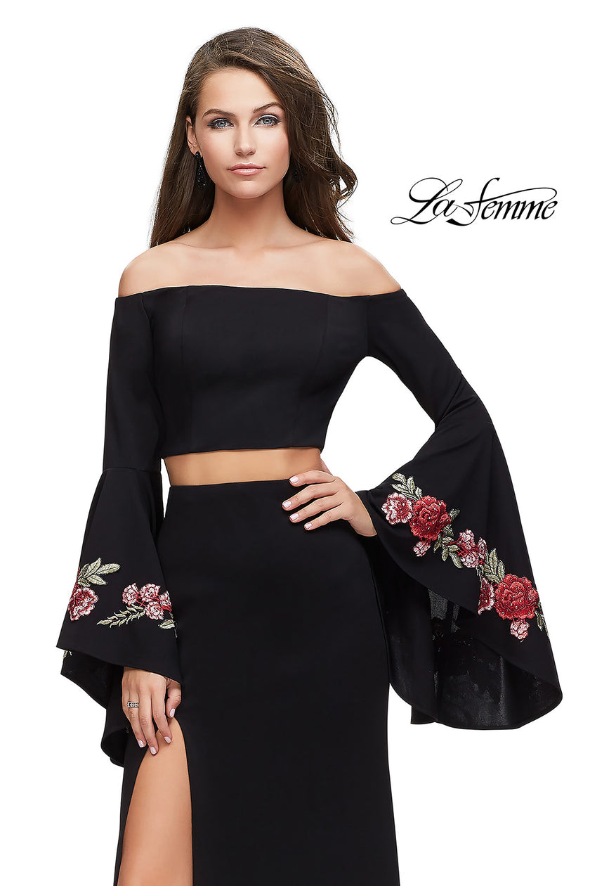Picture of: Two Piece Off the Shoulder Dress with Long Bell Sleeves in Black, Style: 25741, Detail Picture 2