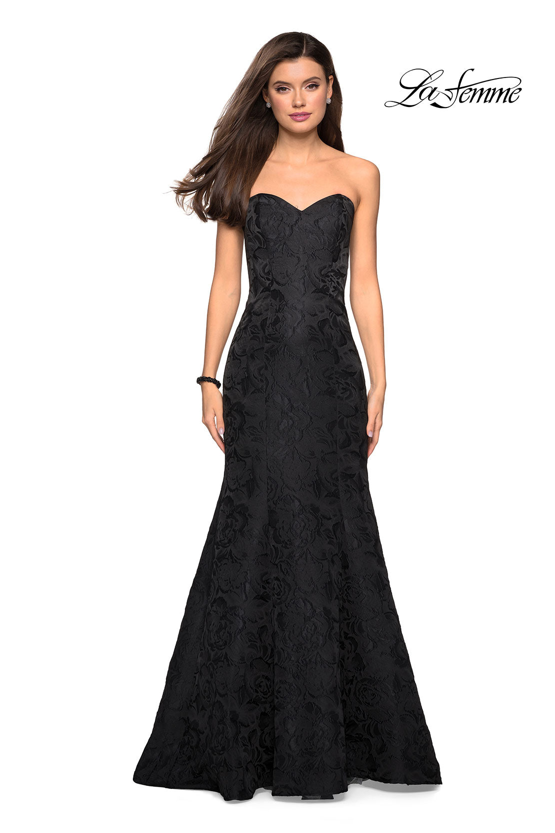 Picture of: Long Floral Jacquard Strapless Prom Dress in Black, Style: 27149, Detail Picture 2