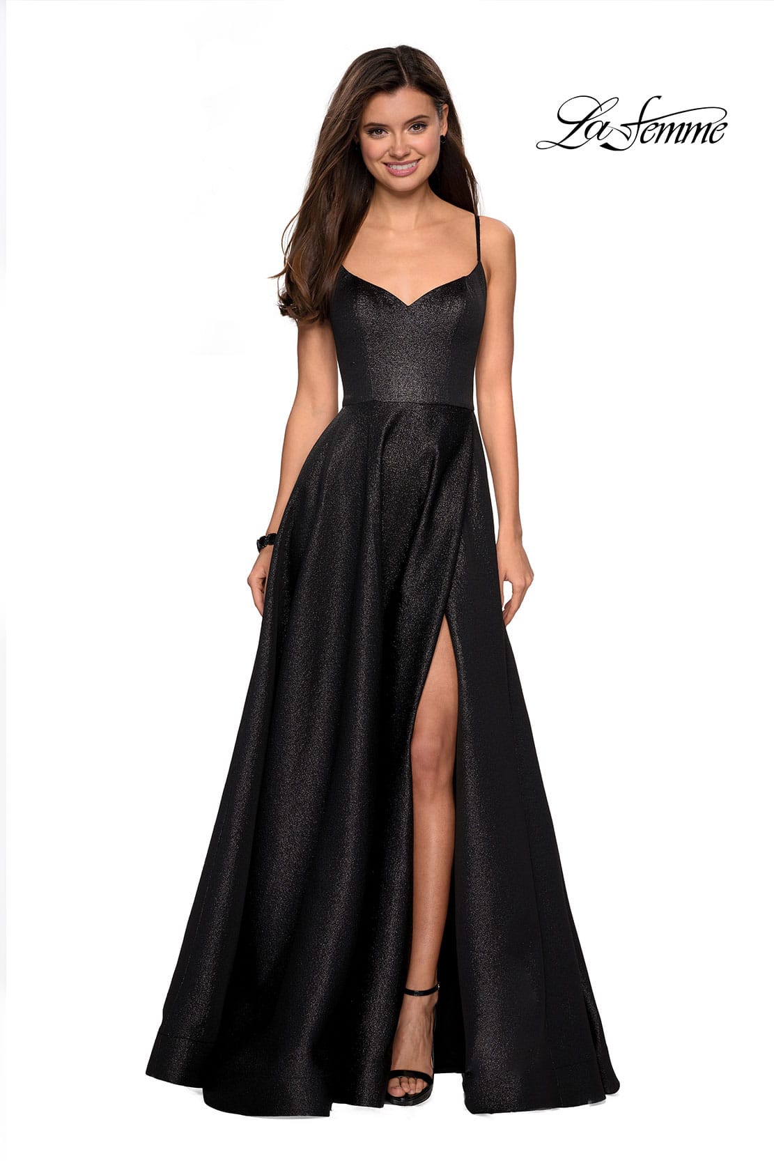 Picture of: Metallic A-line Prom Gown with Side Leg Slit in Black, Style: 27619, Detail Picture 2