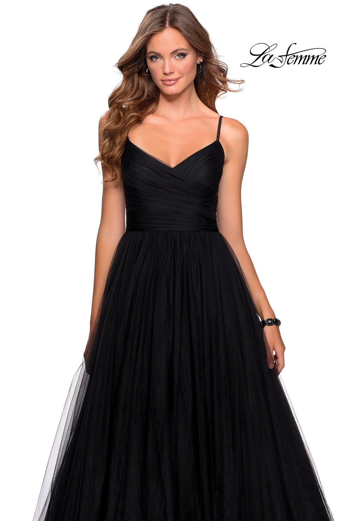 Picture of: Long Tulle Pleated Bodice Prom Gown with Pockets in Black, Style: 28123, Detail Picture 2