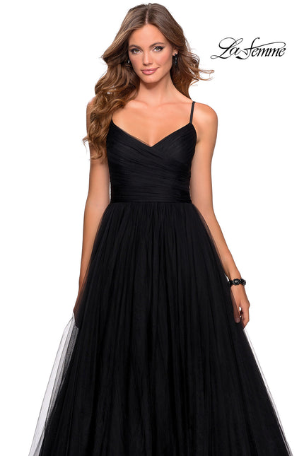 Picture of: Long Tulle Pleated Bodice Prom Gown with Pockets in Black, Style: 28123, Detail Picture 2