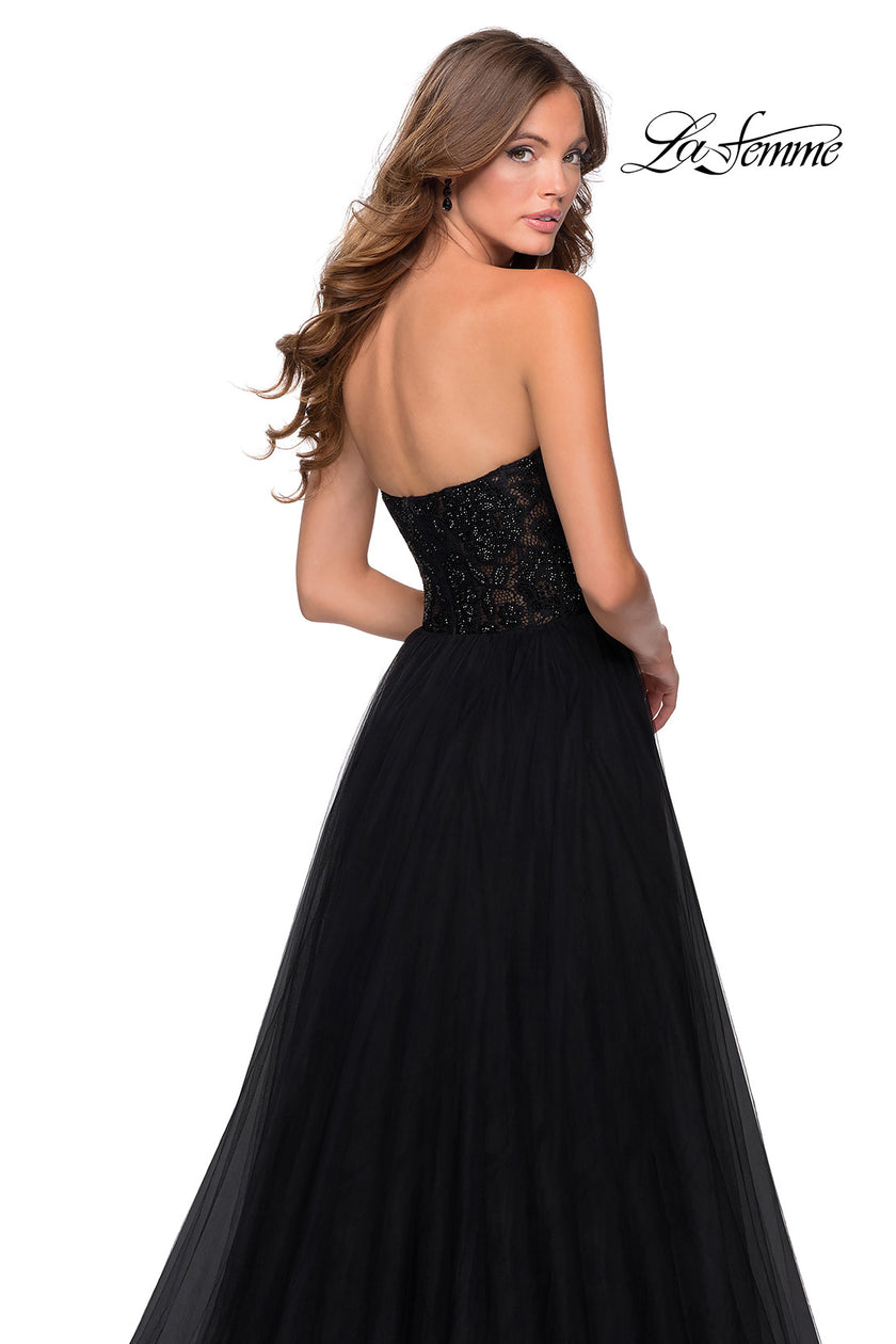 Picture of: Strapless Tulle Dress with Lace Rhinestone Bodice in Black, Style: 28487, Detail Picture 2