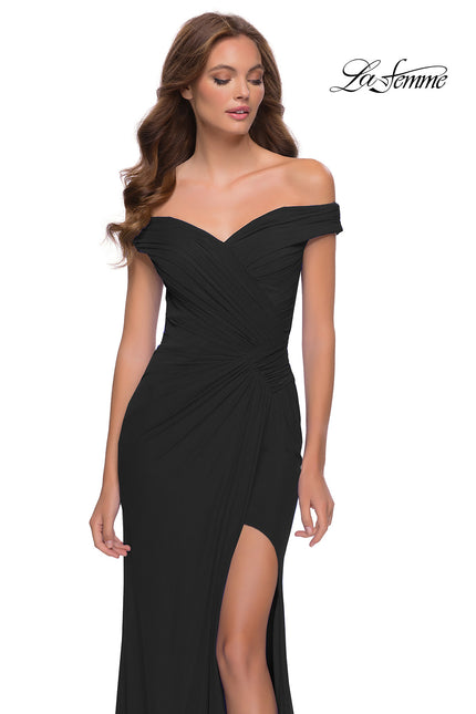 Picture of: Off the Shoulder Net Jersey Dress with Ruching in Black, Style 29756, Detail Picture 2