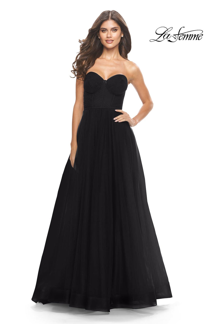 Picture of: Illusion Bodice A-line Gown with Boning and Defined Cups in Black, Style: 31205, Detail Picture 2