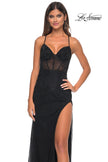 Picture of: Rhinestone Embellished Fitted Dress with Illusion Bustier Top in Black, Style: 31701, Detail Picture 2
