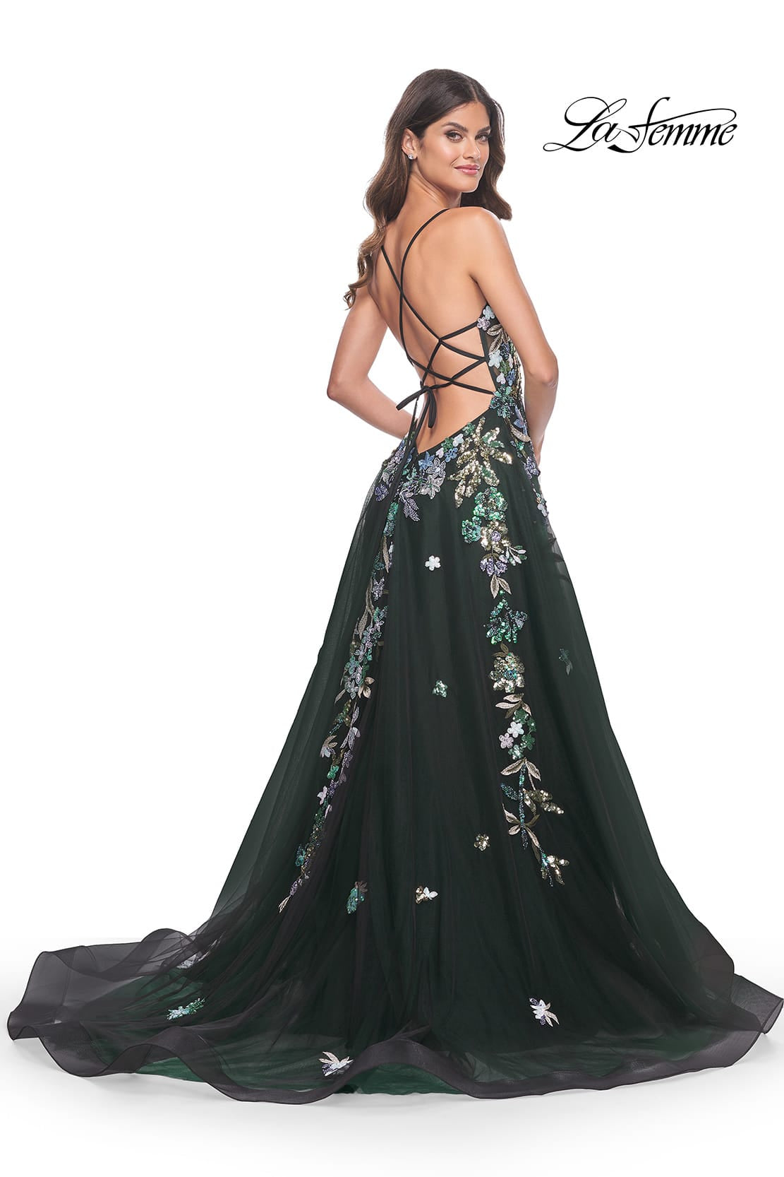 Picture of: Gorgeous Sequin Floral Lace Applique A-Line Tulle Prom Dress in Black, Style: 32023, Detail Picture 2