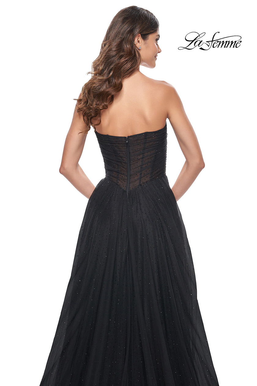 Picture of: Rhinestone Embellished Tulle Gown with Strapless Top in Black, Style: 32029, Detail Picture 2