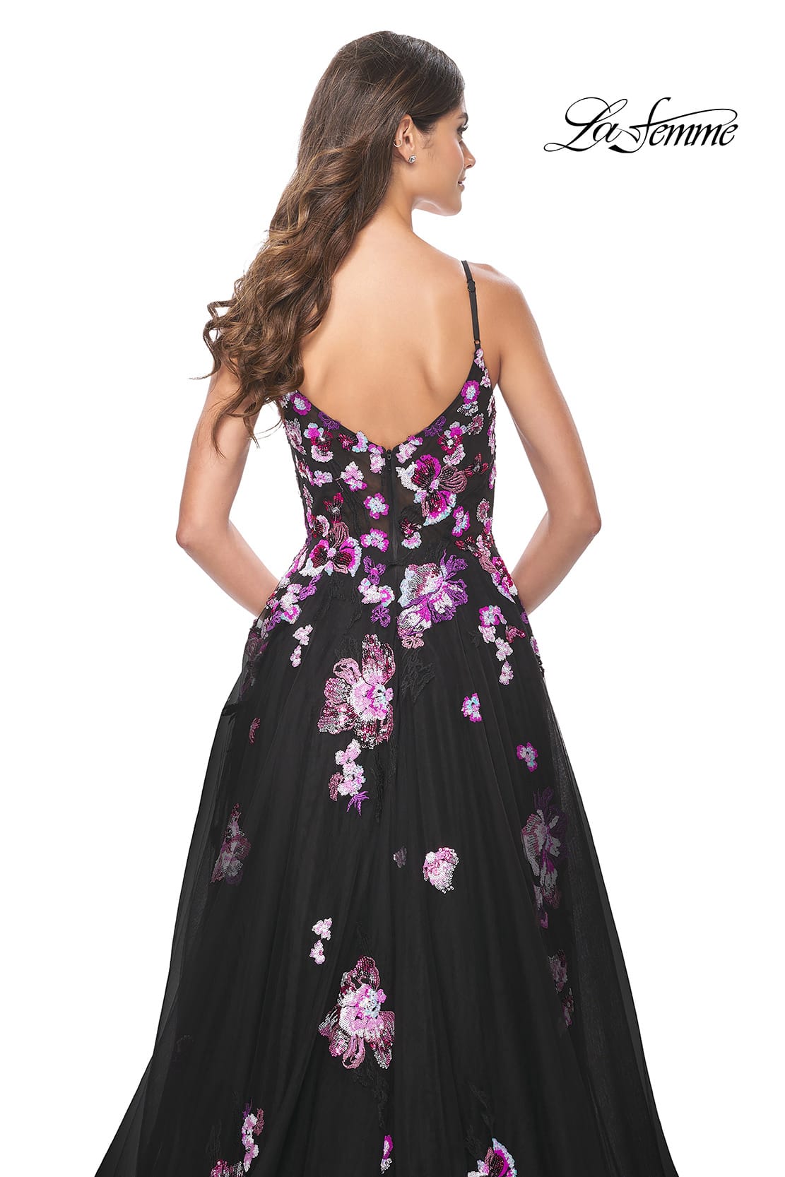 Picture of: Pretty Lace Sequin Embellished Gown with High Slit in Black, Style: 32030, Detail Picture 2