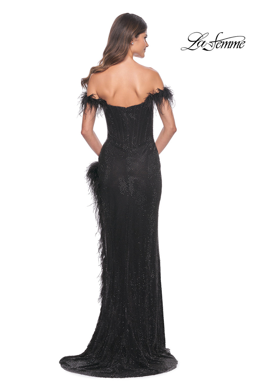 Picture of: Rhinestone Fishnet Dress with Feather Off the Shoulder Straps and Slit in Black, Style: 32151, Detail Picture 2