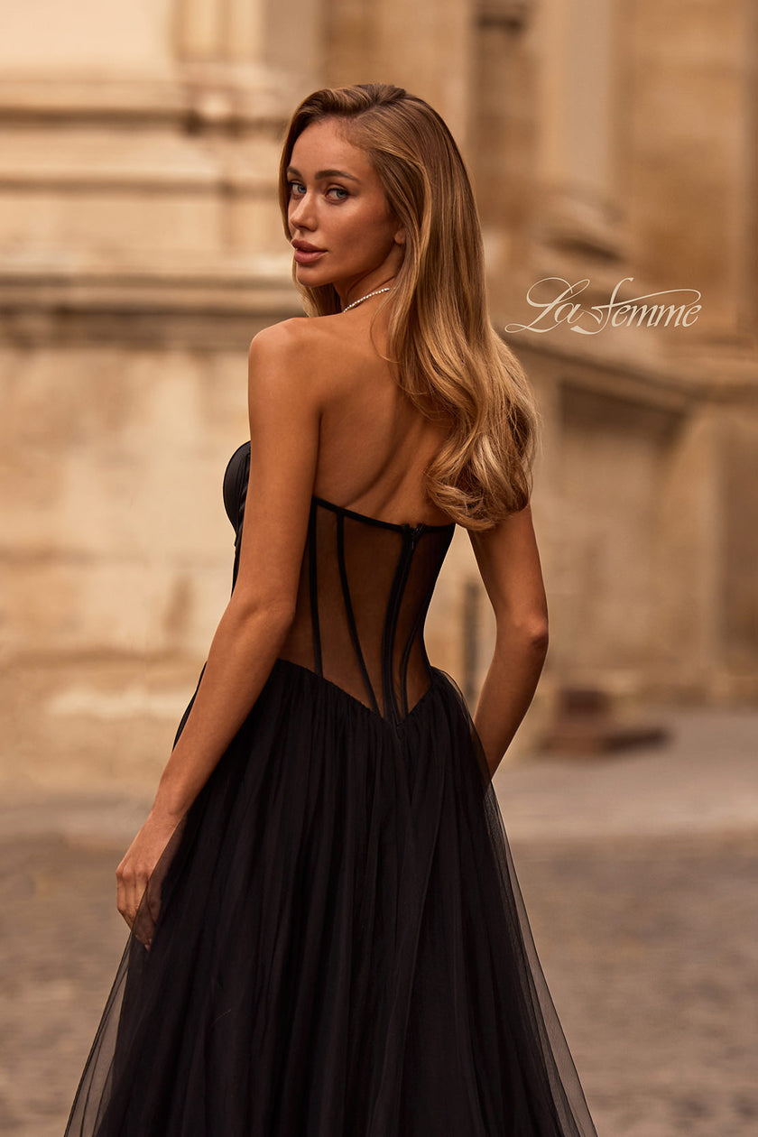 Picture of: Strapless Tulle Evening Dress with Basque Waist and Satin Bodice in Black , Style 32771, Detail Picture 2