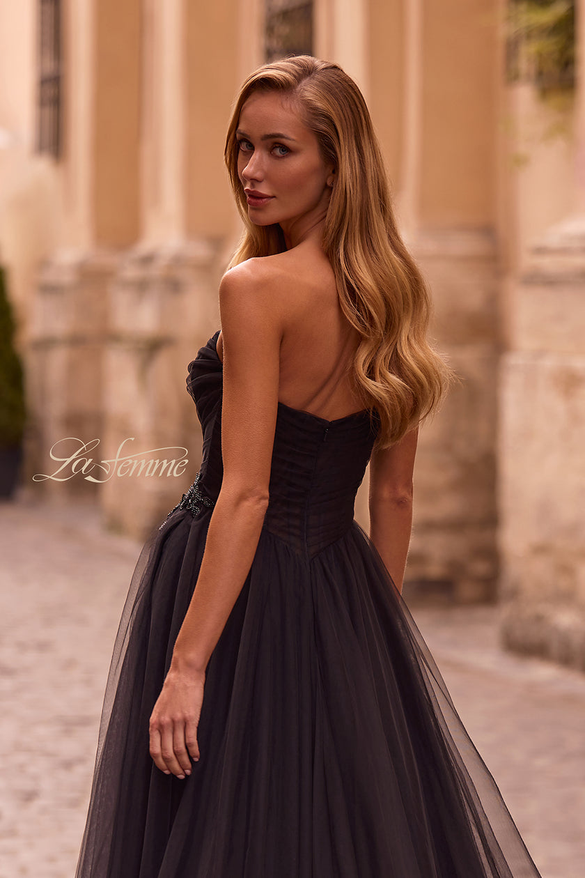 Picture of: Strapless A-line Tulle Dress with Floral Waist Detail in Black , Style: 32789, Detail Picture 2