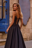 Picture of: Mikado A-line Gown with Lace Detail Neckline in Black , Style 32878, Detail Picture 2