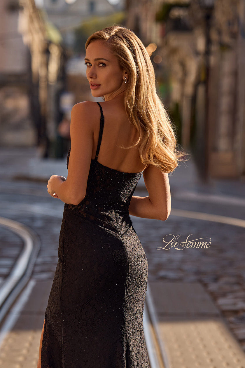 Picture of: Fitted Stretch Lace Dress with Scallop Neckline in Black , Style 32933, Detail Picture 2