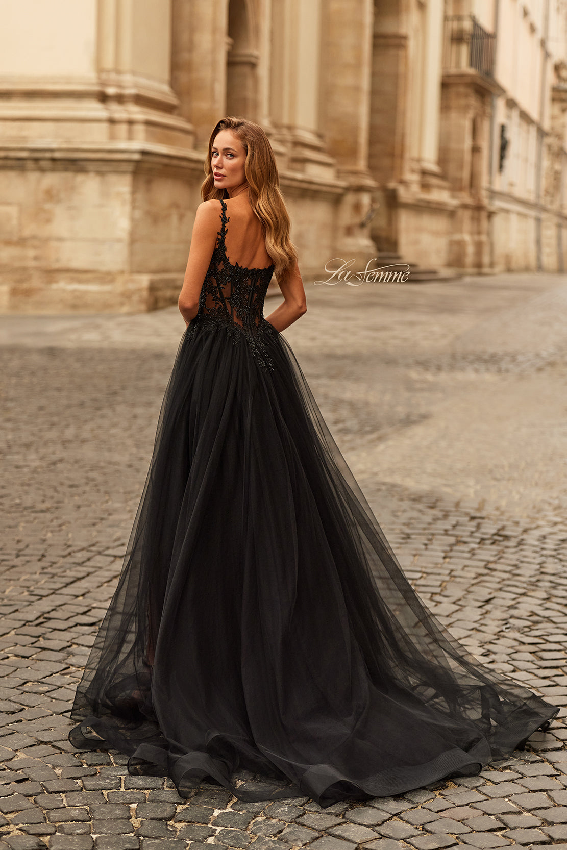 Picture of: Beaded Lace Corset Gown with Sheer Tulle Skirt and Slit in Black, Style: 33499, Detail Picture 2