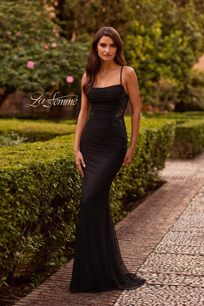 Picture of: Beaded Mesh Lace-Up Gown with Straight Neckline in Black, Style: 33678, Detail Picture 2