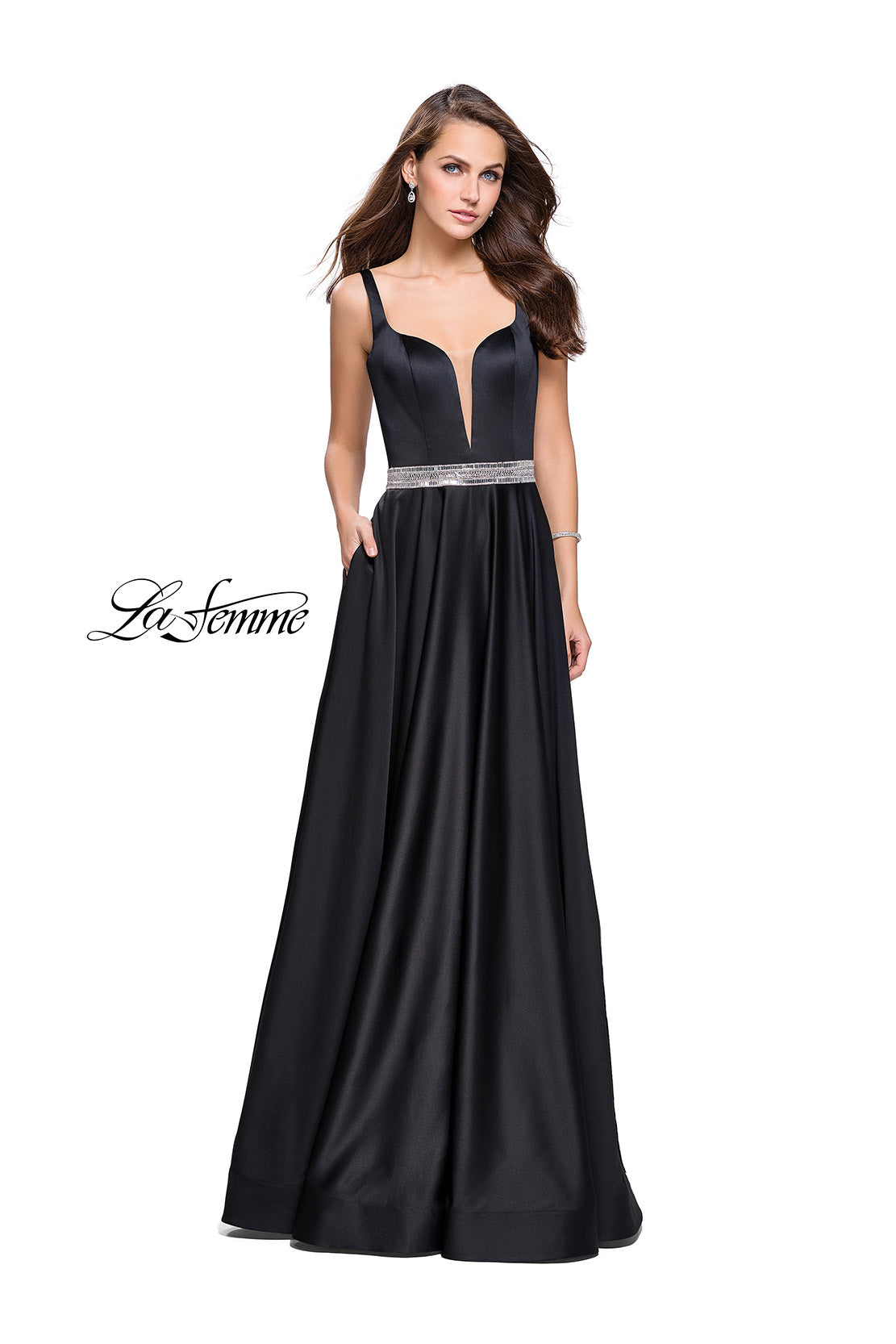 Picture of: Satin Prom Dress with A Line Skirt and Beaded Belt in Black, Style: 24821, Detail Picture 3