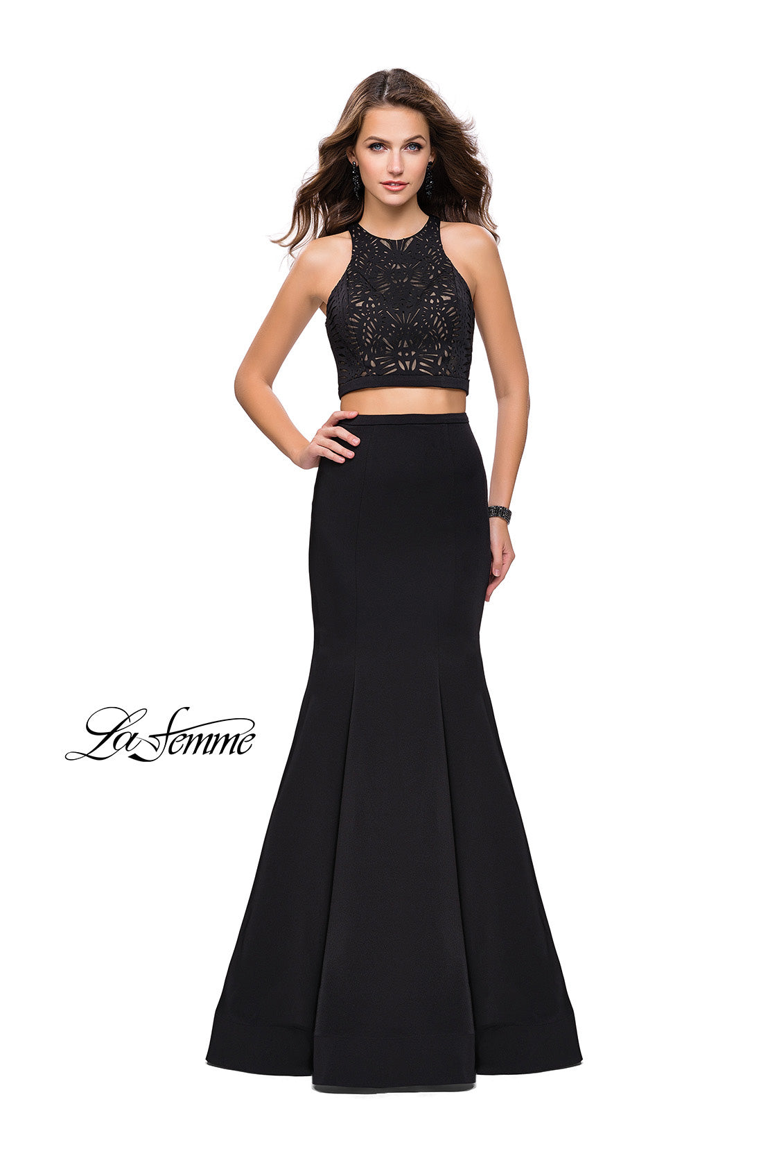 Picture of: Two Piece Jersey Prom Dress with Laser Cut Outs in Black, Style: 25759, Detail Picture 3
