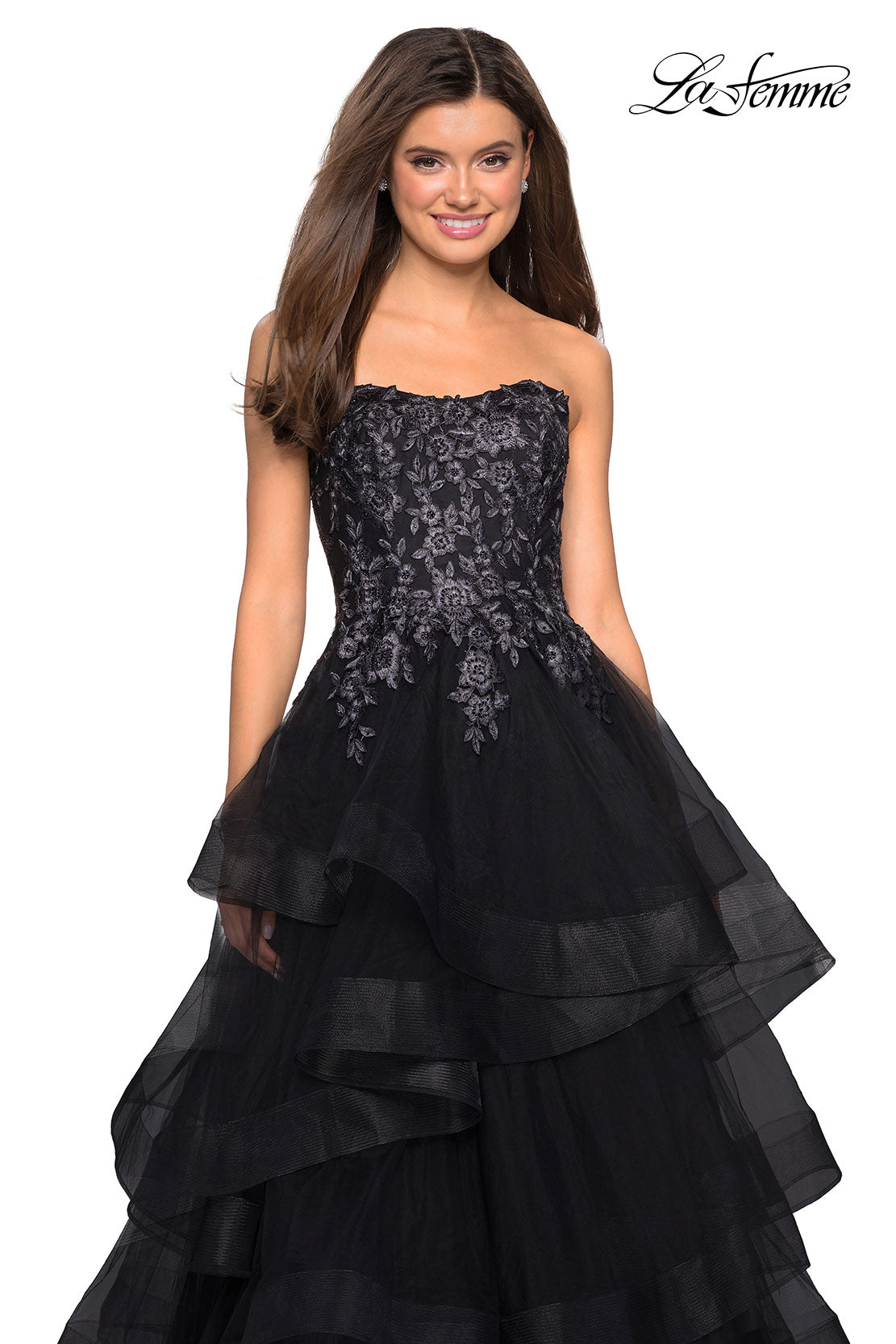 Picture of: Strapless Floor Length Layered Tulle Prom Gown in Black, Style: 27291, Detail Picture 3