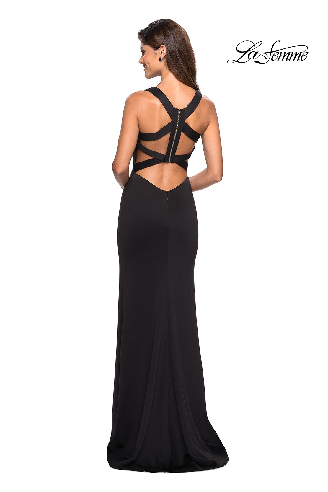 Picture of: Form Fitting Jersey Prom Dress with Side Leg Slit in Black, Style: 27479, Detail Picture 3
