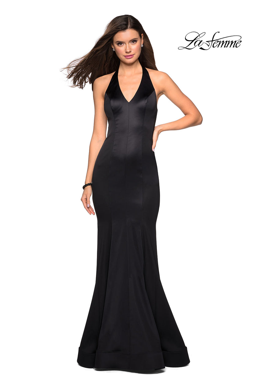Picture of: Form Fitting Halter Satin Dress with Open Back in Black, Style: 27653, Detail Picture 3