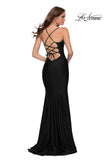 Picture of: V Neck Jersey Fitted Prom Dress with Tie Up Back in Black, Style 29785, Detail Picture 3