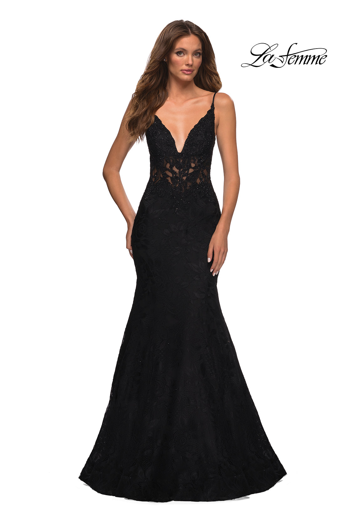 Picture of: Mermaid Lace Prom Dress with Sheer Jeweled Bodice in Black, Detail Picture 3