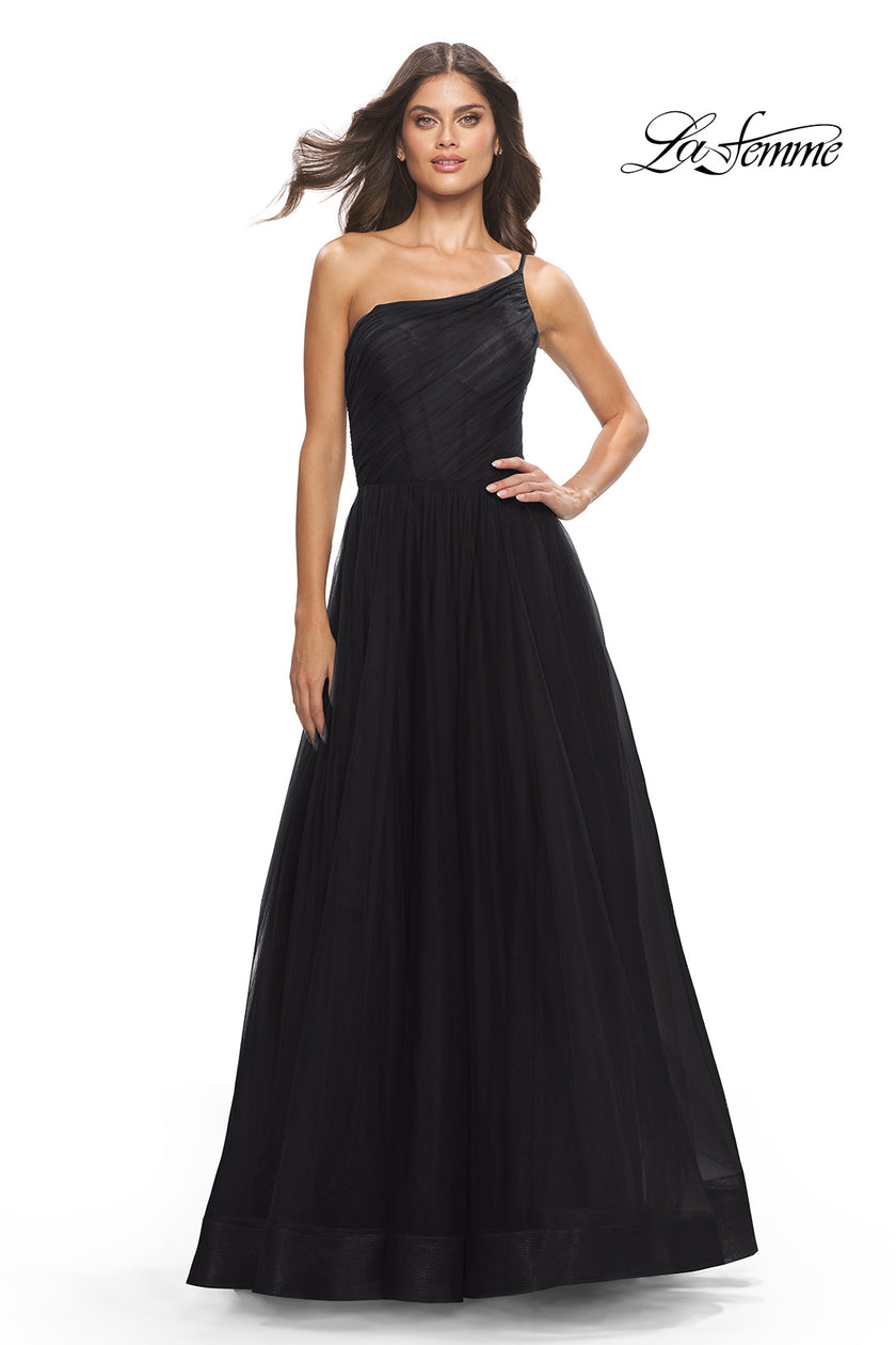 Picture of: One Shoulder A-Line Tulle Gown with Sheer Bodice in Black, Style: 31069, Detail Picture 3