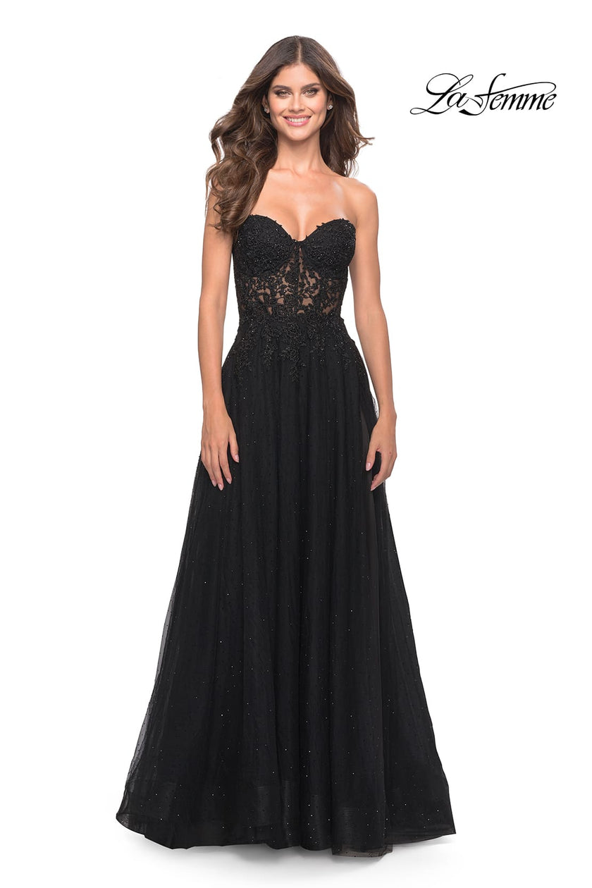 Picture of: Rhinestone Tulle A-Line Gown with Lace Bodice in Black, Style: 31525, Detail Picture 3