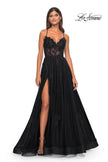 Picture of: A-Line Tulle Gown with Scallop Detail Bodice and Lace Applique in Black, Style: 32028, Detail Picture 3