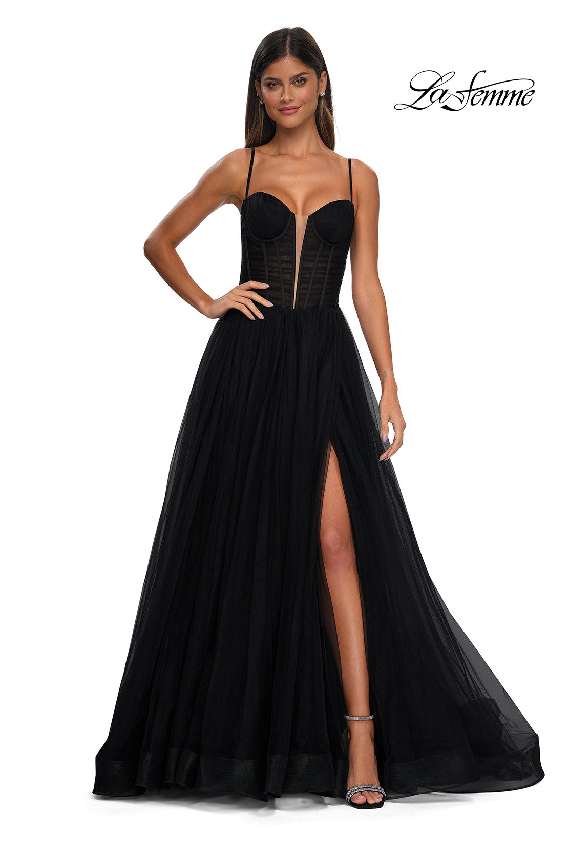 Picture of: Tulle Prom Dress with A-Line Skirt and Ruched Corset Top in Black, Style: 32700, Detail Picture 3