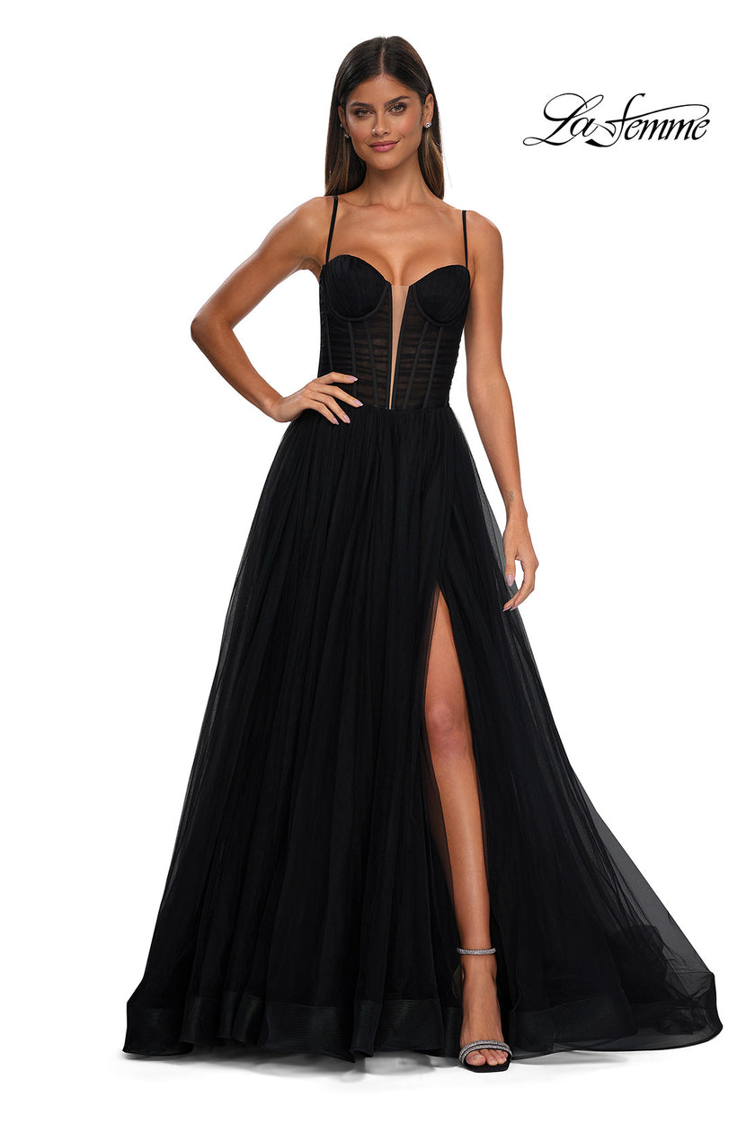 Picture of: Tulle Prom Dress with A-Line Skirt and Ruched Corset Top in Black, Style: 32700, Detail Picture 3