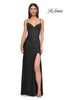 Picture of: Unique Jersey Prom Dress with Lace Panels and Scallop Neckline in Black , Style 32983, Detail Picture 3
