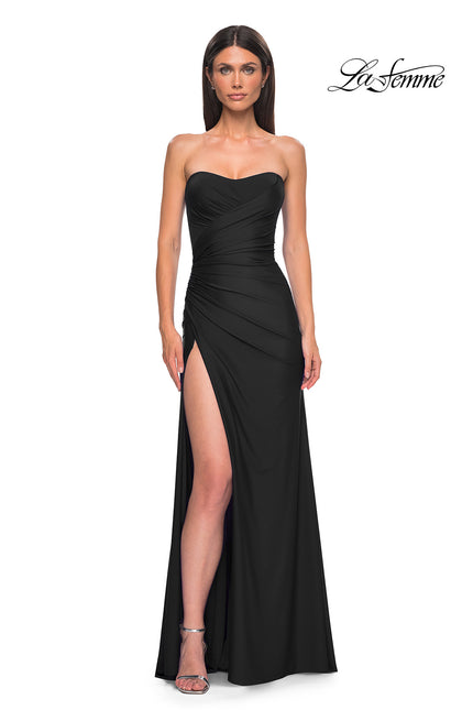 Picture of: Strapless Prom Dress with Side Ruching and Lace Up Back in Black , Style 33012, Detail Picture 3