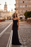 Picture of: Ruched Net Jersey Gown with Square Neckline in Black , Style 33086, Detail Picture 3