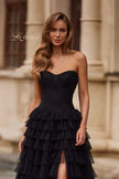 Picture of: Strapless Tiered Ruffle Gown with Pleated Bodice and Front Slit in Black, Style: 33202, Detail Picture 3