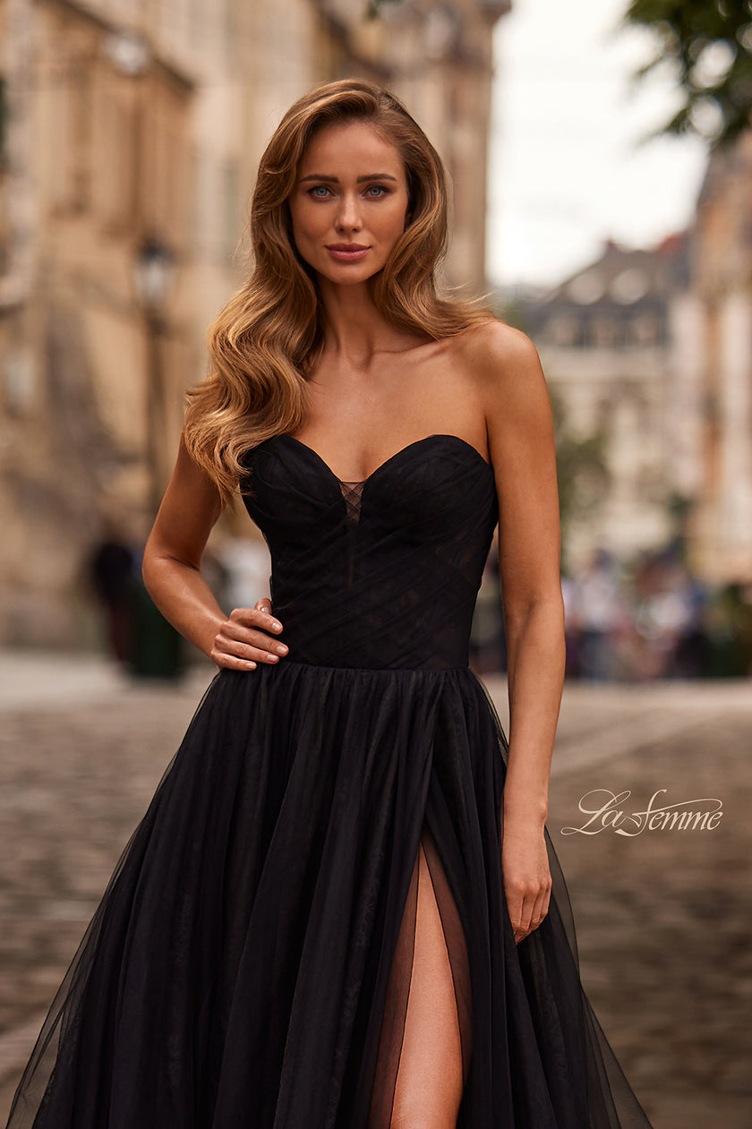 Picture of: Strapless A-Line Gown with Sheer Corset Bodice and High Slit in Black, Style: 33307, Detail Picture 3