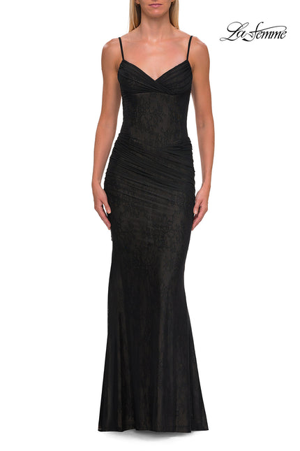 Picture of: Ruched Beaded Mesh and Lace Gown with V-Neckline in Black, Style: 33632, Detail Picture 3