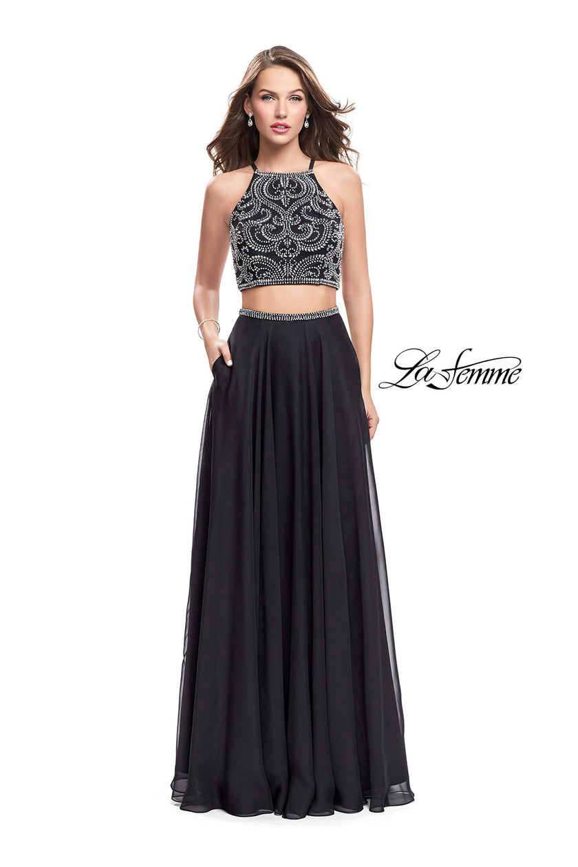Picture of: Long Two Piece Dress with Beading and Strappy Back in Black, Style: 25469, Detail Picture 2