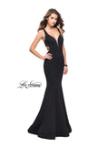Picture of: Long Jersey Mermaid Dress with Deep V and Strappy Back in Black, Style: 25594, Detail Picture 2