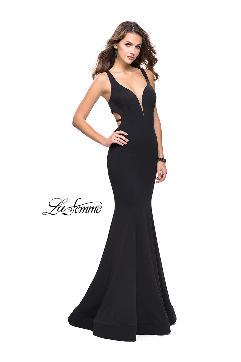 Picture of: Long Jersey Mermaid Dress with Deep V and Strappy Back in Black, Style: 25594, Detail Picture 2