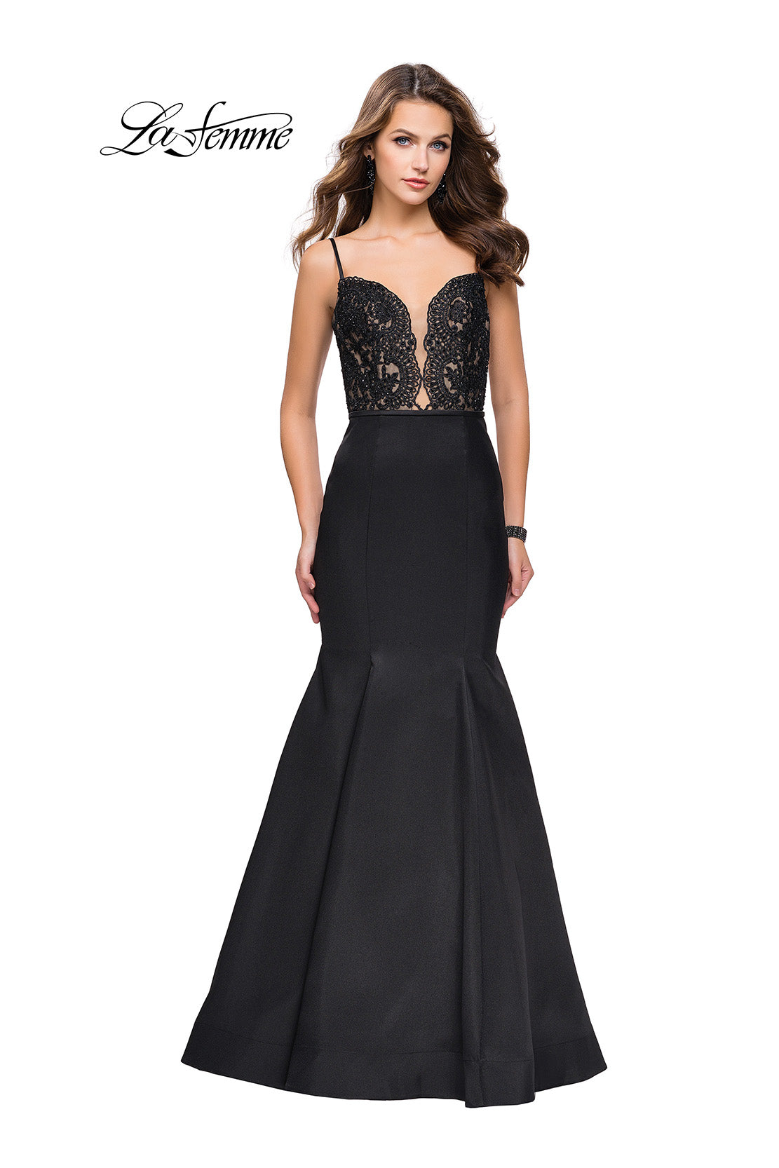 Picture of: Mikado Prom Dress with Lace Beaded Bodice and Low Back in Black, Style: 25751, Detail Picture 2