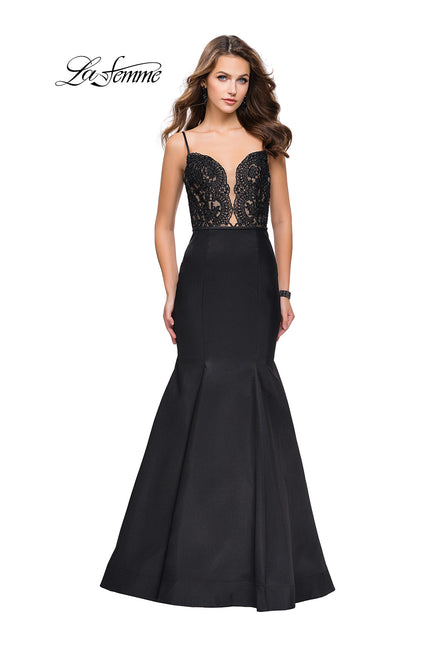Picture of: Mikado Prom Dress with Lace Beaded Bodice and Low Back in Black, Style: 25751, Detail Picture 2