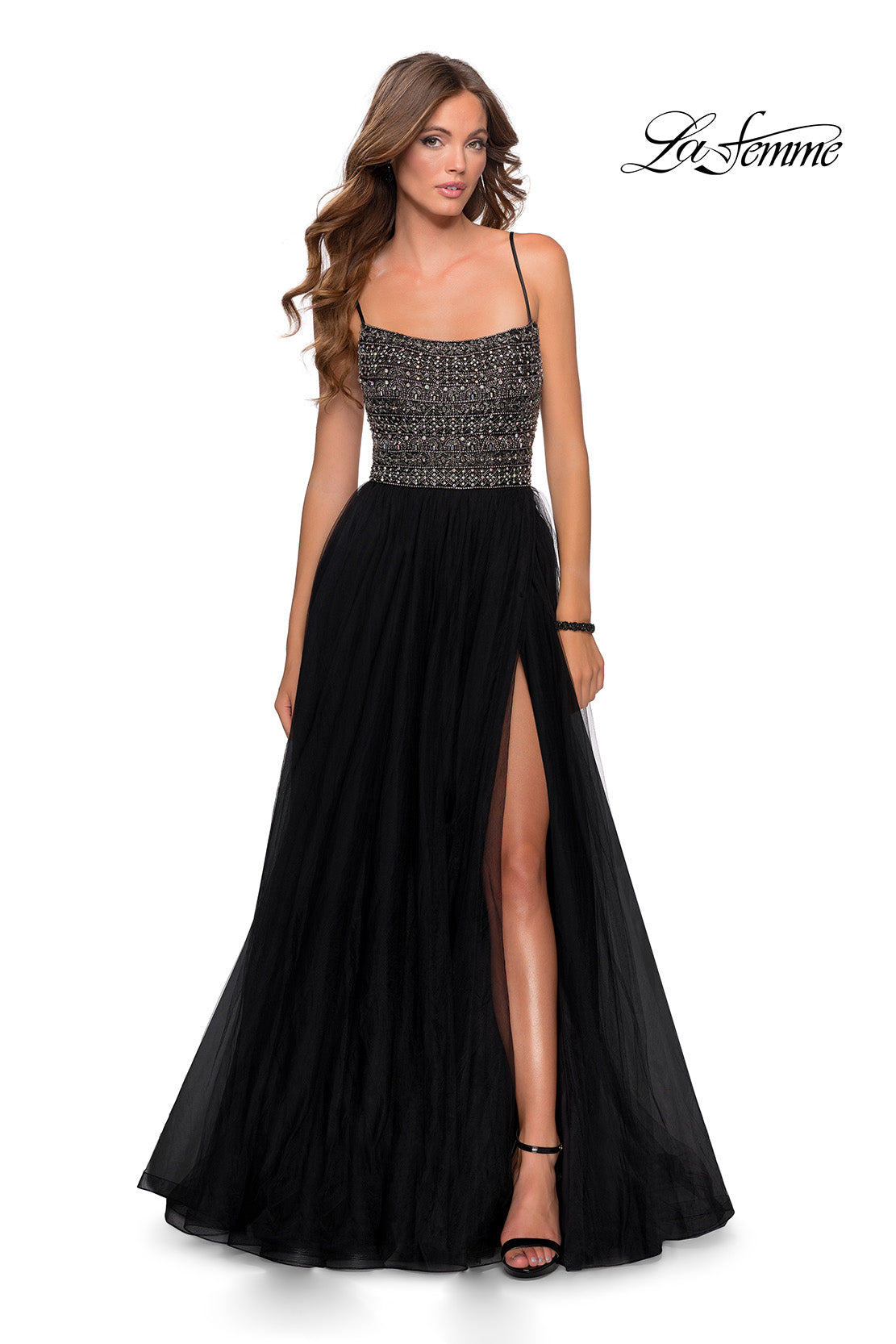 Picture of: Long Tulle Prom Dress with Beaded Bodice in Black, Style: 28535, Detail Picture 4