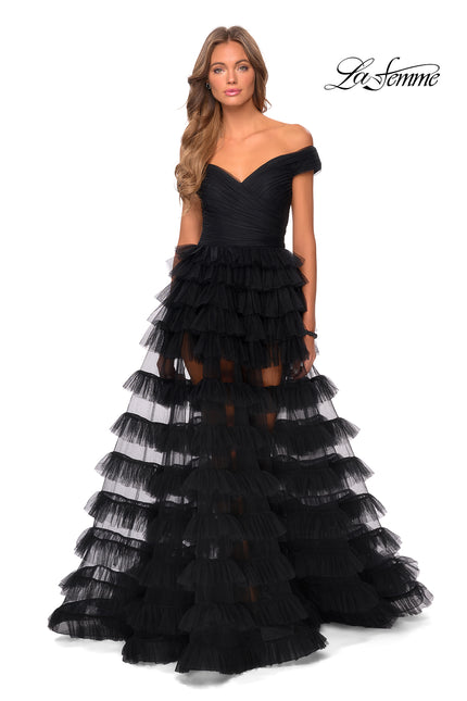 Picture of: Sheer Layered Tulle Off the Shoulder Prom Gown in Black, Style: 28804, Detail Picture 4