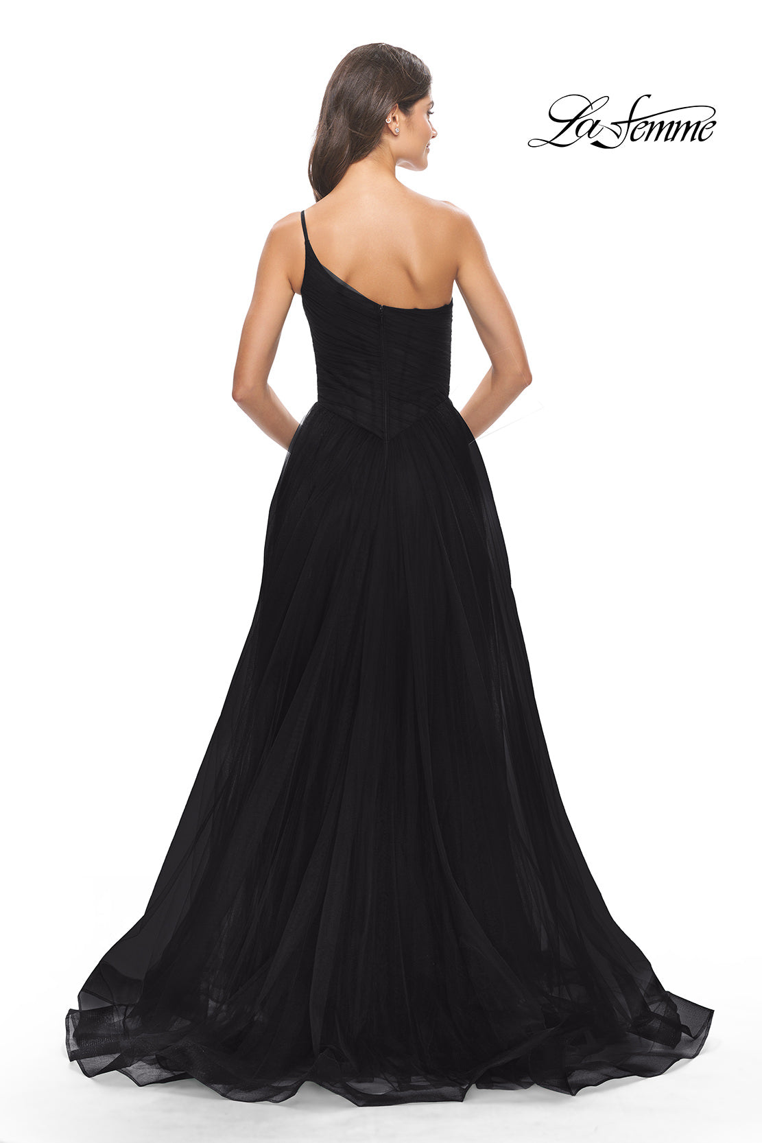 Picture of: One Shoulder A-Line Tulle Gown with Sheer Bodice in Black, Style: 31069, Detail Picture 4