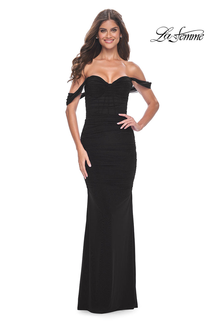Picture of: Off the Shoulder Net Jersey Dress with Ruching in Black, Style: 31914, Detail Picture 4