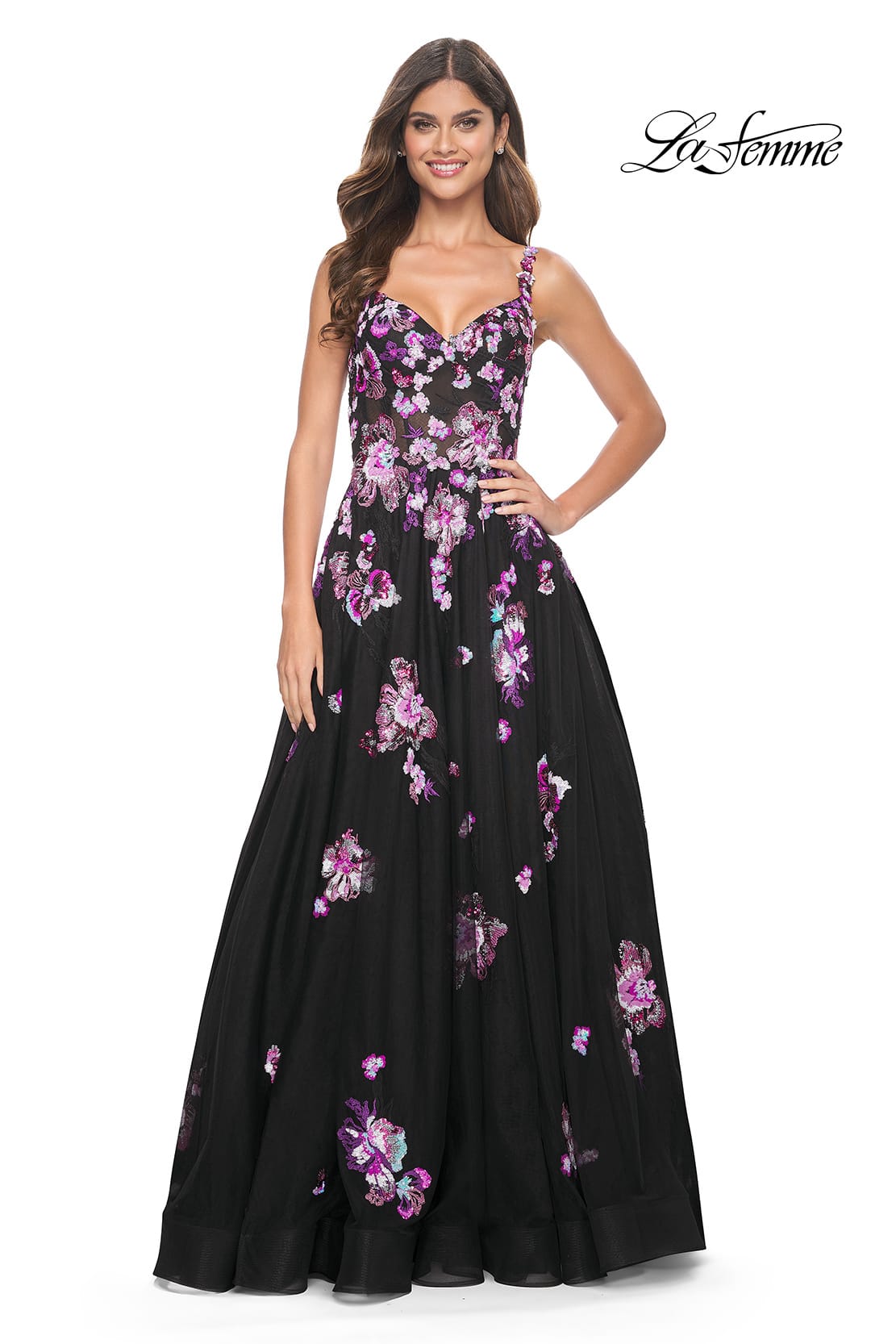 Picture of: Pretty Lace Sequin Embellished Gown with High Slit in Black, Style: 32030, Detail Picture 4