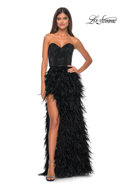 Picture of: Feather Prom Gown with High Slit and Full Rhinestone Strapless Bodice in Black, Style: 32165, Detail Picture 4