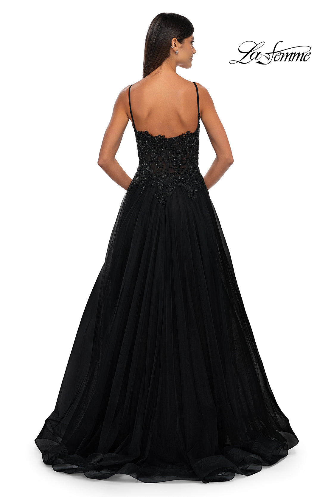 Picture of: Lace and Tulle A-line Prom Dress with High Slit in Black , Style: 32646, Detail Picture 4