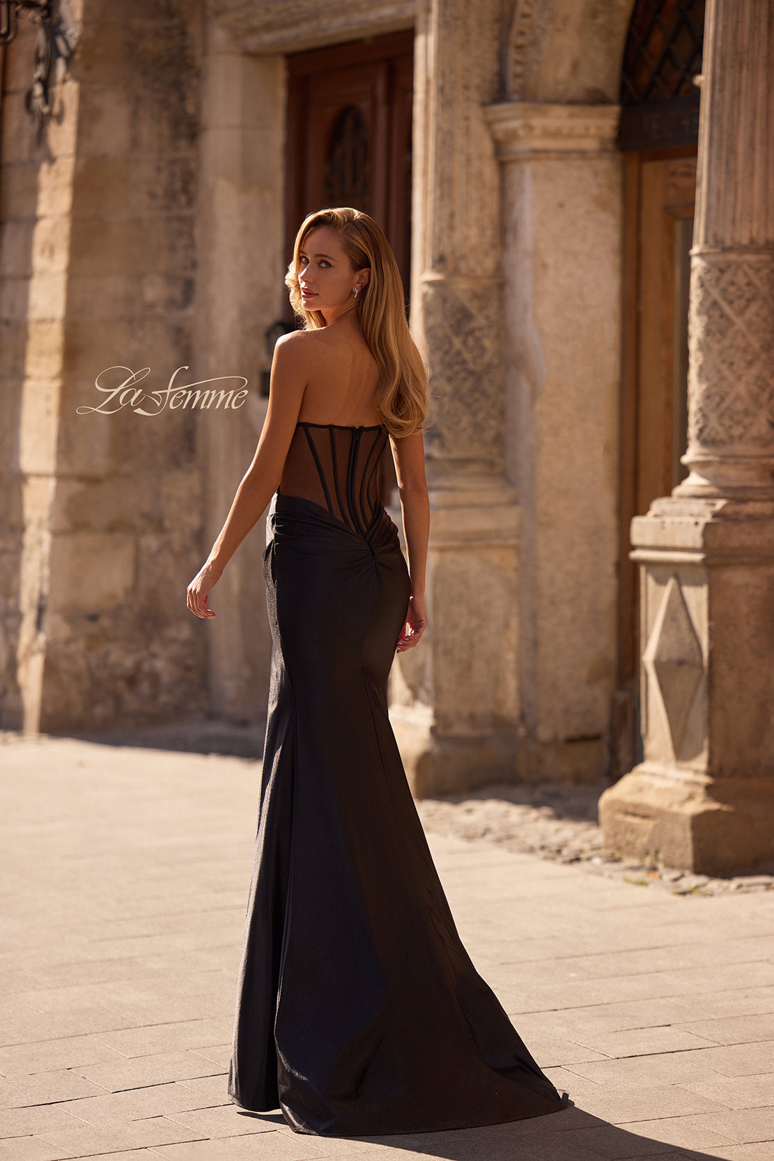 Picture of: Strapless Stretch Satin Dress with Sheer Corset Back in Black , Style 32649, Detail Picture 4